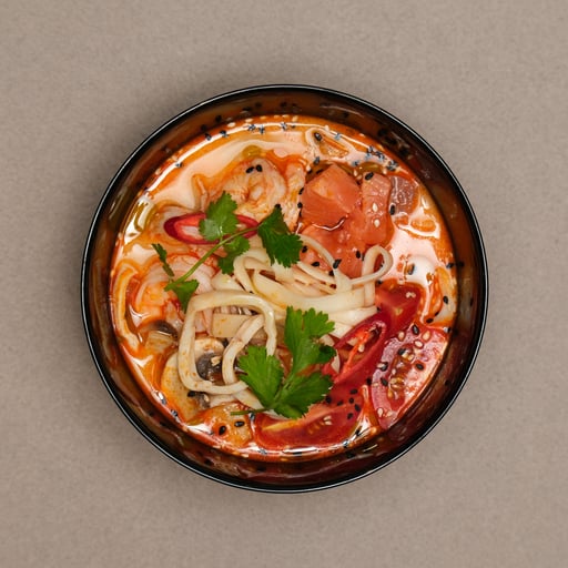 Лапша с морепродуктами в бульоне Том Ям